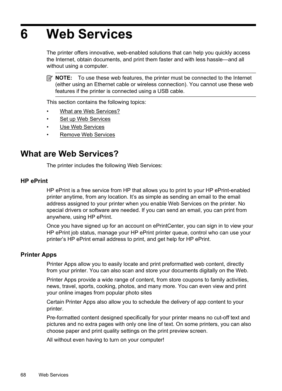 Web services, What are web services, Hp eprint | Printer apps, Hp eprint printer apps, See hp eprint, 6web services | HP Officejet 6700 Premium e-All-in-One Printer - H711n User Manual | Page 72 / 224