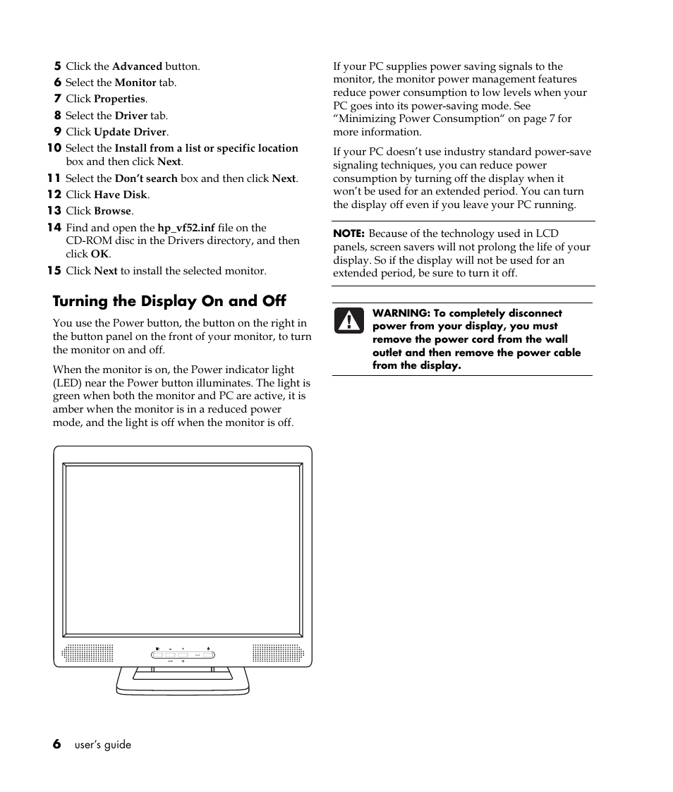 Turning the display on and off | HP Pavilion vf52 15 inch Flat Panel Monitor User Manual | Page 10 / 26