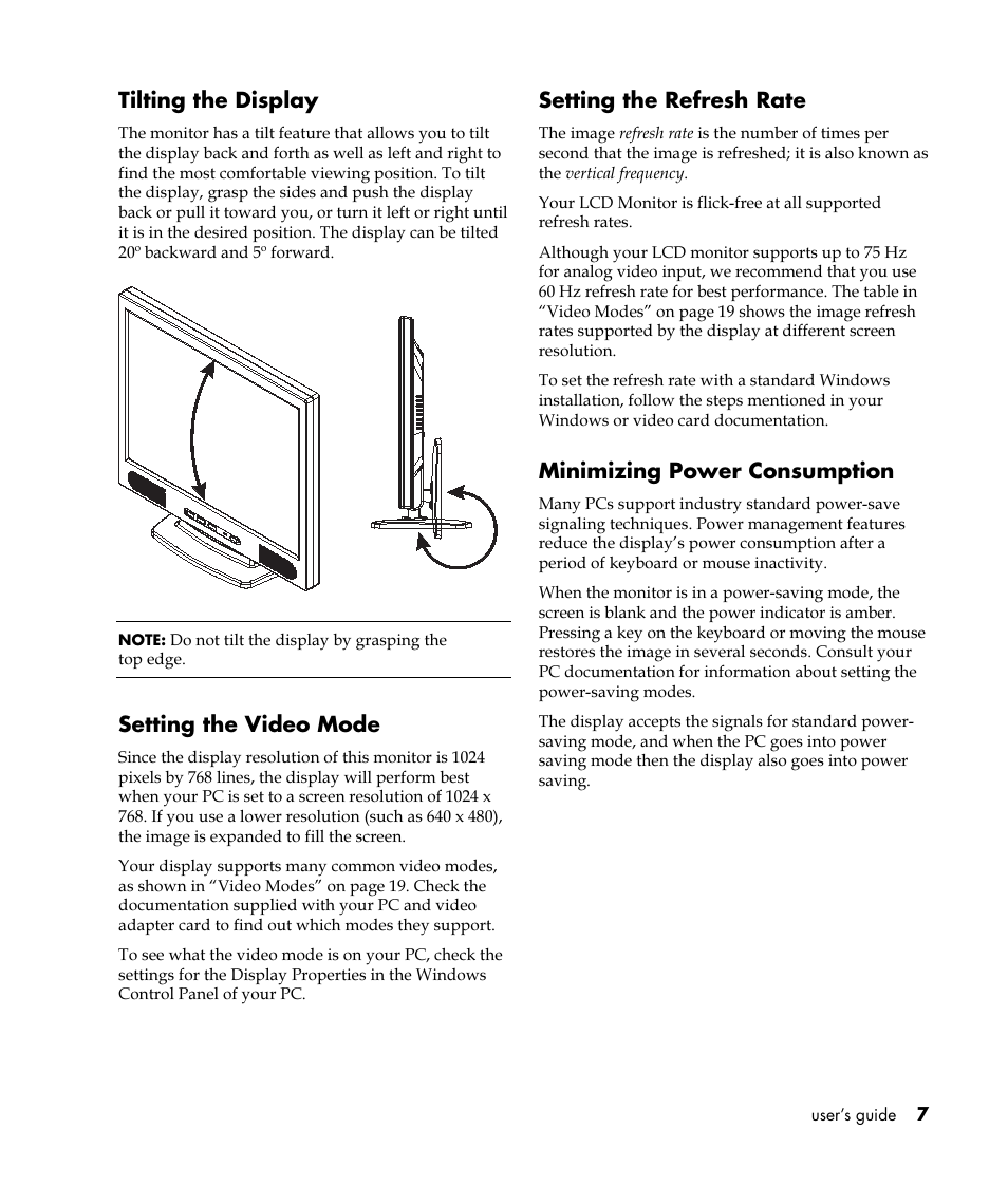 Tilting the display, Setting the video mode, Setting the refresh rate | Minimizing power consumption | HP Pavilion vf52 15 inch Flat Panel Monitor User Manual | Page 11 / 26