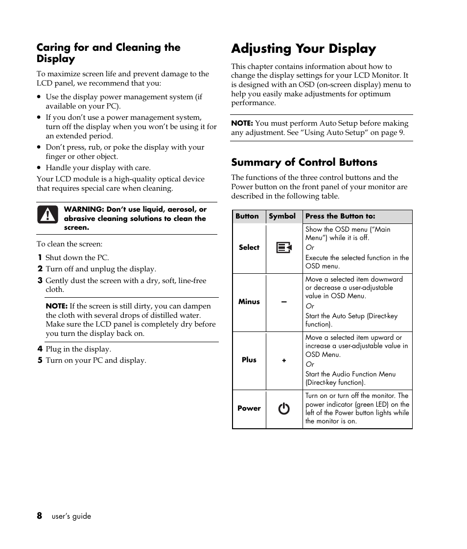 Adjusting your display, Caring for and cleaning the display, Summary of control buttons | HP Pavilion vf52 15 inch Flat Panel Monitor User Manual | Page 12 / 26