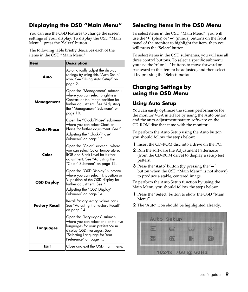Displaying the osd “main menu, Selecting items in the osd menu, Changing settings by using the osd menu | HP Pavilion vf52 15 inch Flat Panel Monitor User Manual | Page 13 / 26