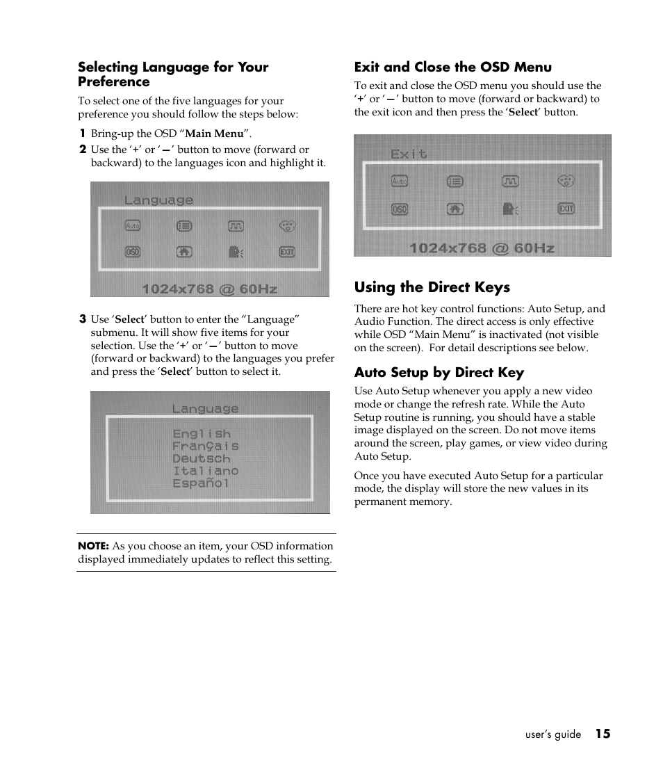 Using the direct keys | HP Pavilion vf52 15 inch Flat Panel Monitor User Manual | Page 19 / 26