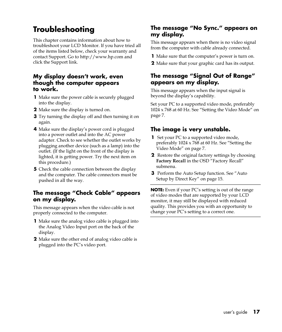 Troubleshooting | HP Pavilion vf52 15 inch Flat Panel Monitor User Manual | Page 21 / 26