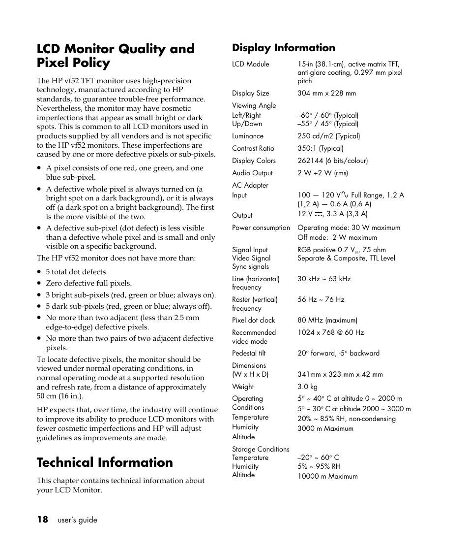 Lcd monitor quality and pixel policy, Technical information, Display information | HP Pavilion vf52 15 inch Flat Panel Monitor User Manual | Page 22 / 26