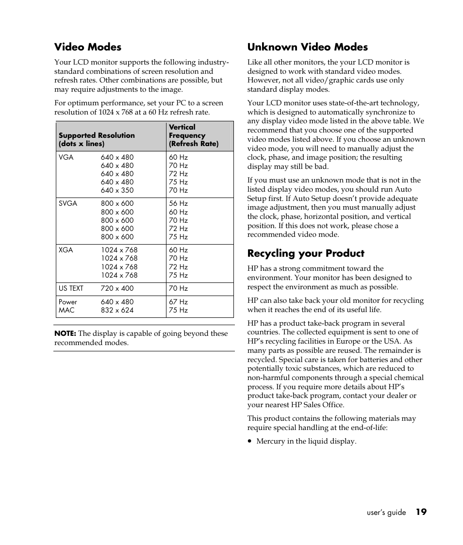 Video modes, Unknown video modes, Recycling your product | HP Pavilion vf52 15 inch Flat Panel Monitor User Manual | Page 23 / 26