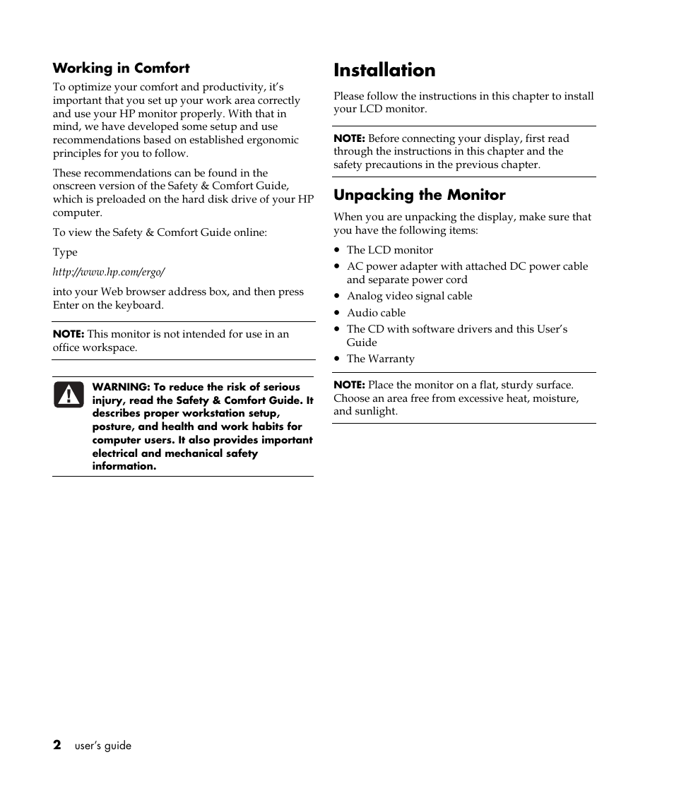 Installation, Unpacking the monitor | HP Pavilion vf52 15 inch Flat Panel Monitor User Manual | Page 6 / 26