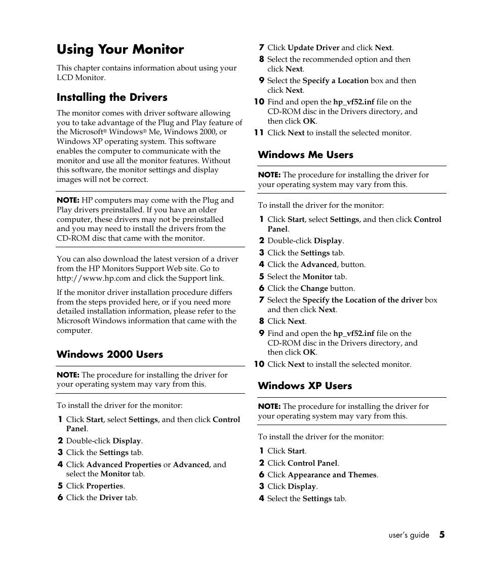 Using your monitor, Installing the drivers | HP Pavilion vf52 15 inch Flat Panel Monitor User Manual | Page 9 / 26