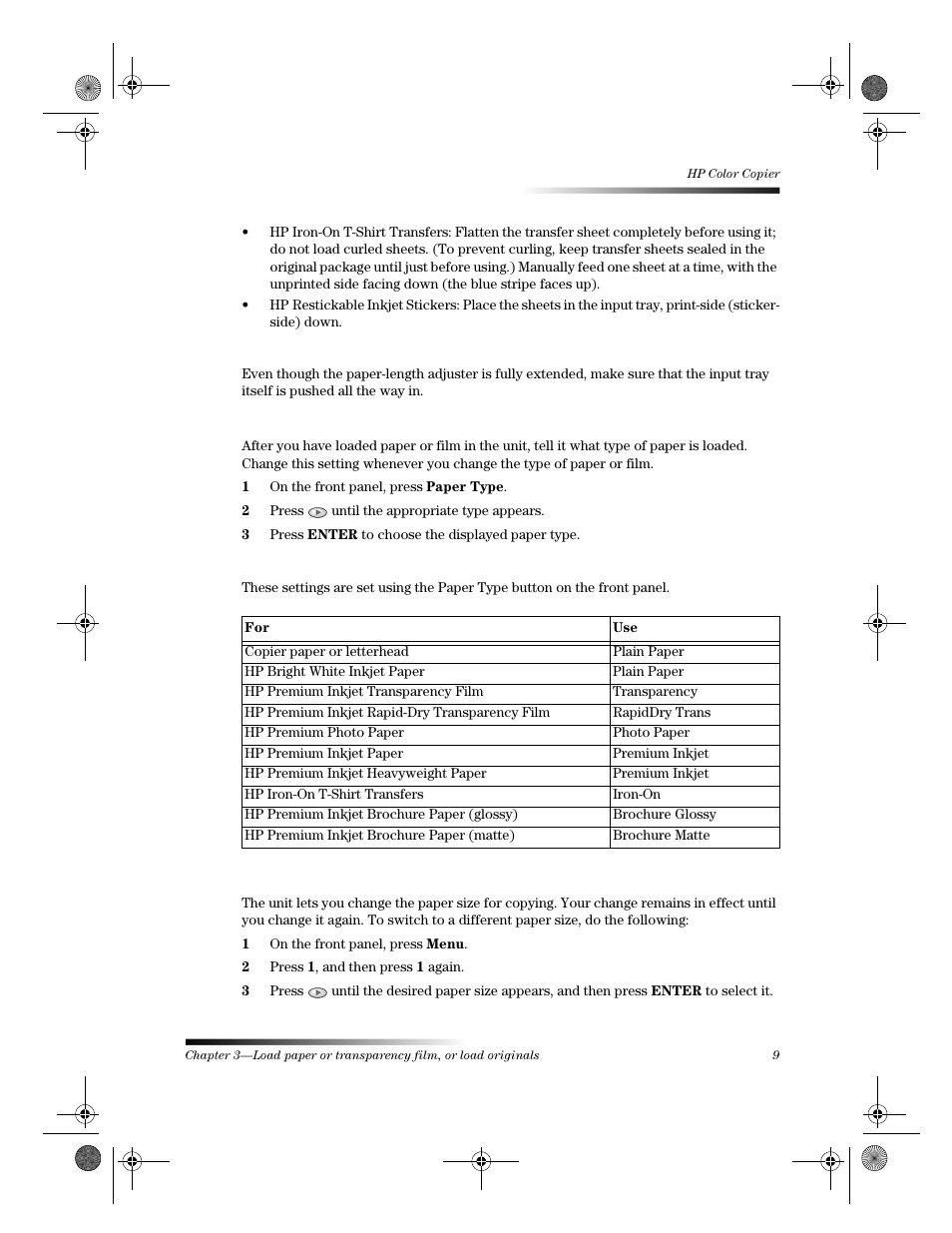 Set the paper type, Change the paper size | HP 120 Color Copier User Manual | Page 13 / 54