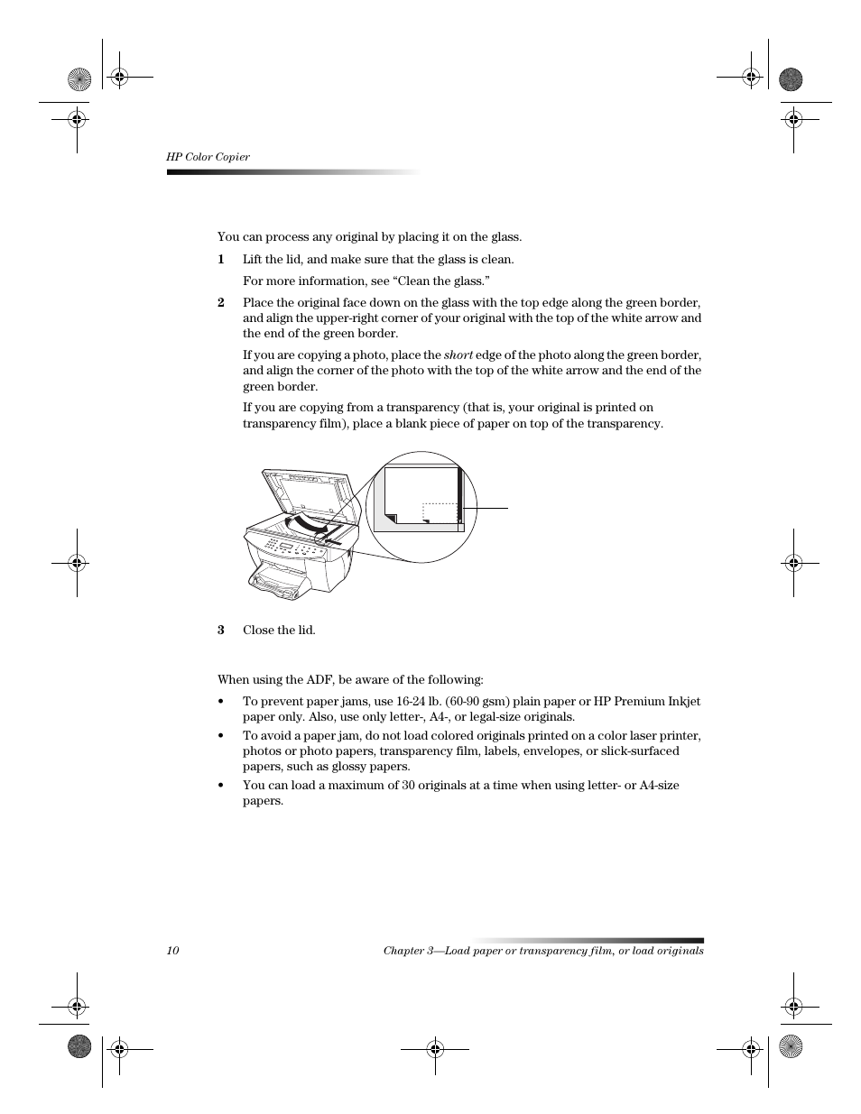 Load originals on the glass | HP 120 Color Copier User Manual | Page 14 / 54