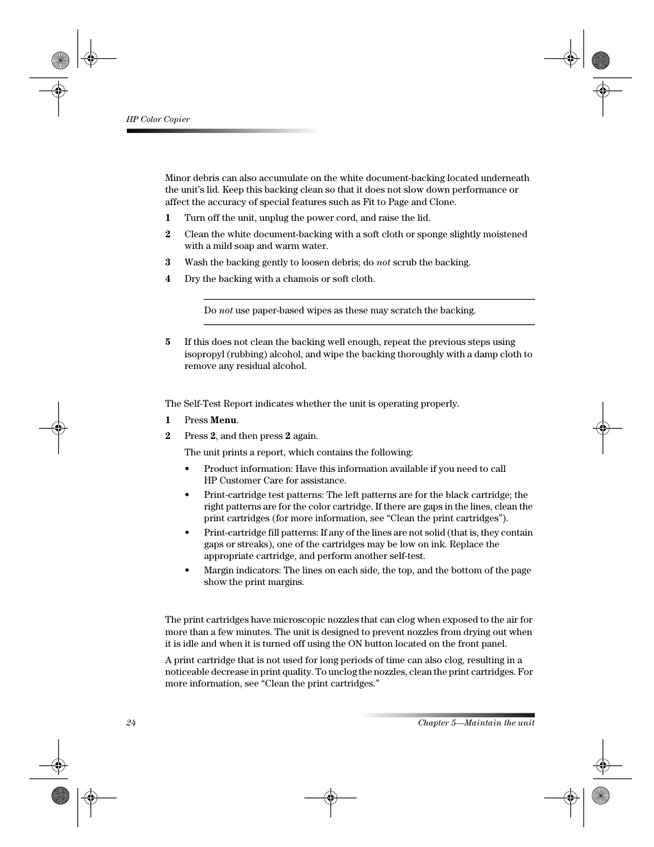 Clean the document-lid backing, Print a self-test report, Work with print cartridges | HP 120 Color Copier User Manual | Page 28 / 54