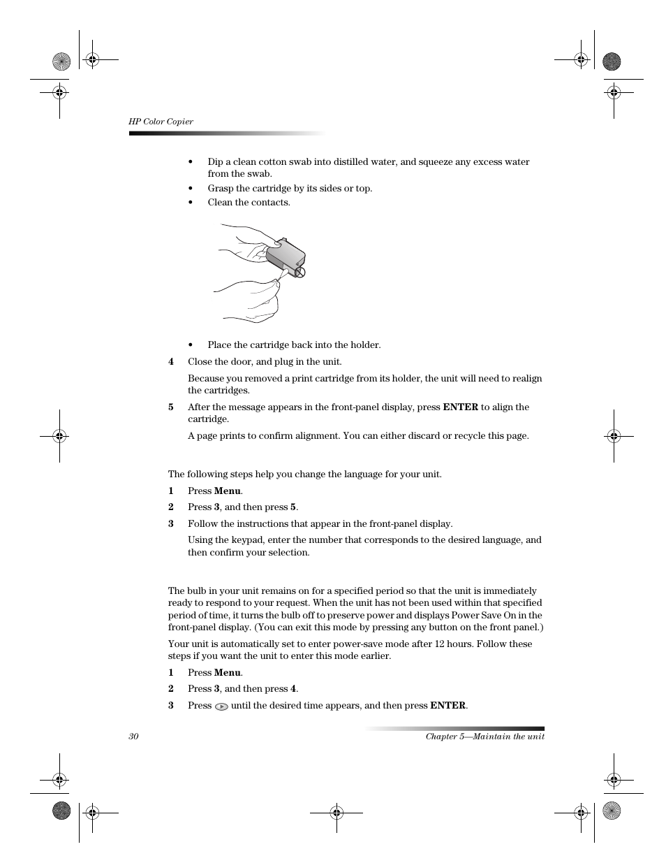 Change the front-panel language, Change the power save mode time | HP 120 Color Copier User Manual | Page 34 / 54