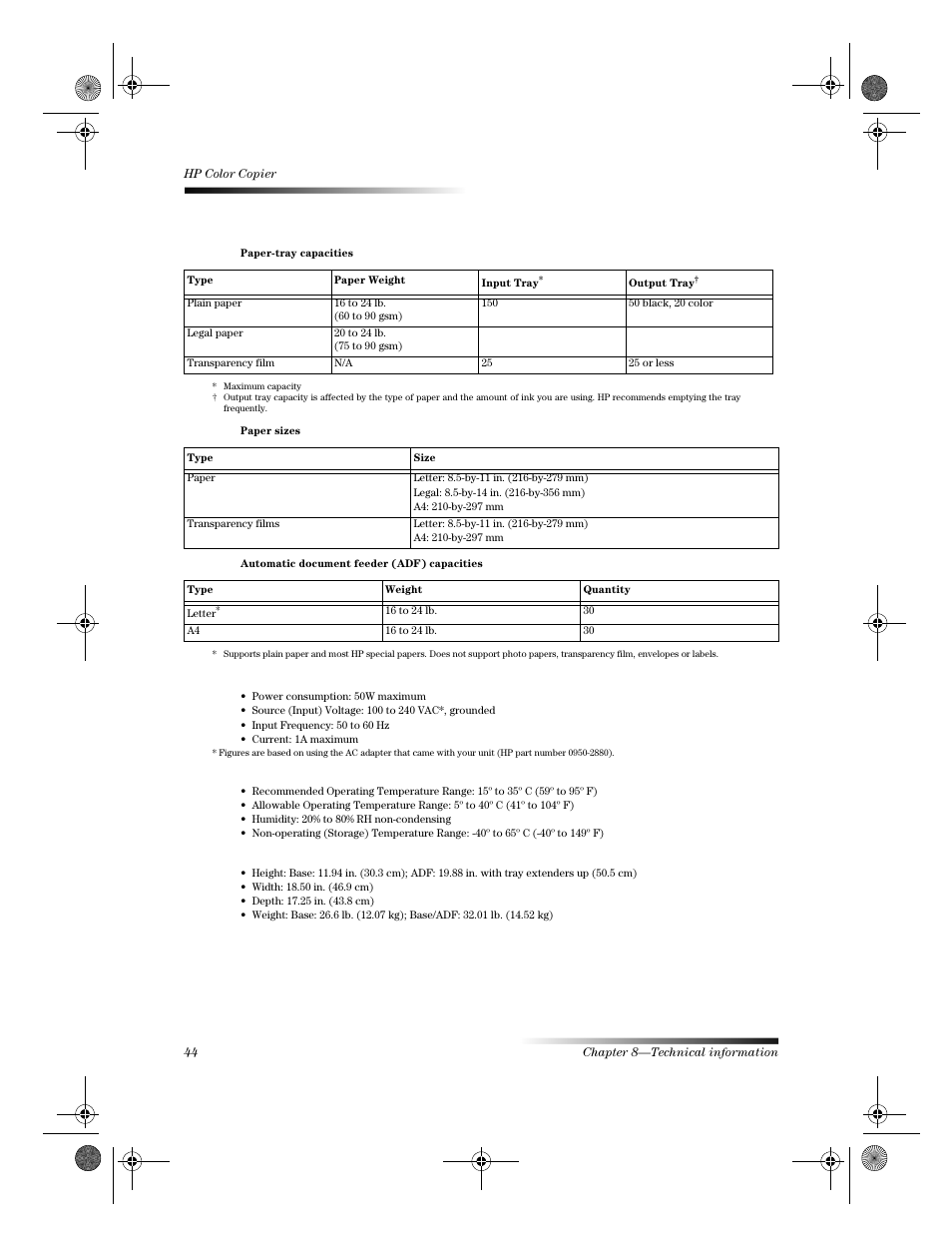 Paper specifications, Power specifications, Environmental specifications | Physical specifications | HP 120 Color Copier User Manual | Page 46 / 54