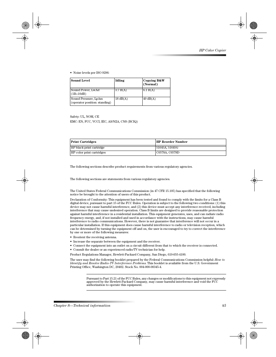 Additional specifications, Certifications, Order print cartridges regulatory information | Regulatory notices | HP 120 Color Copier User Manual | Page 47 / 54