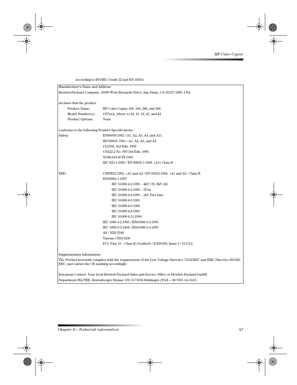 Declaration of conformity | HP 120 Color Copier User Manual | Page 49 / 54