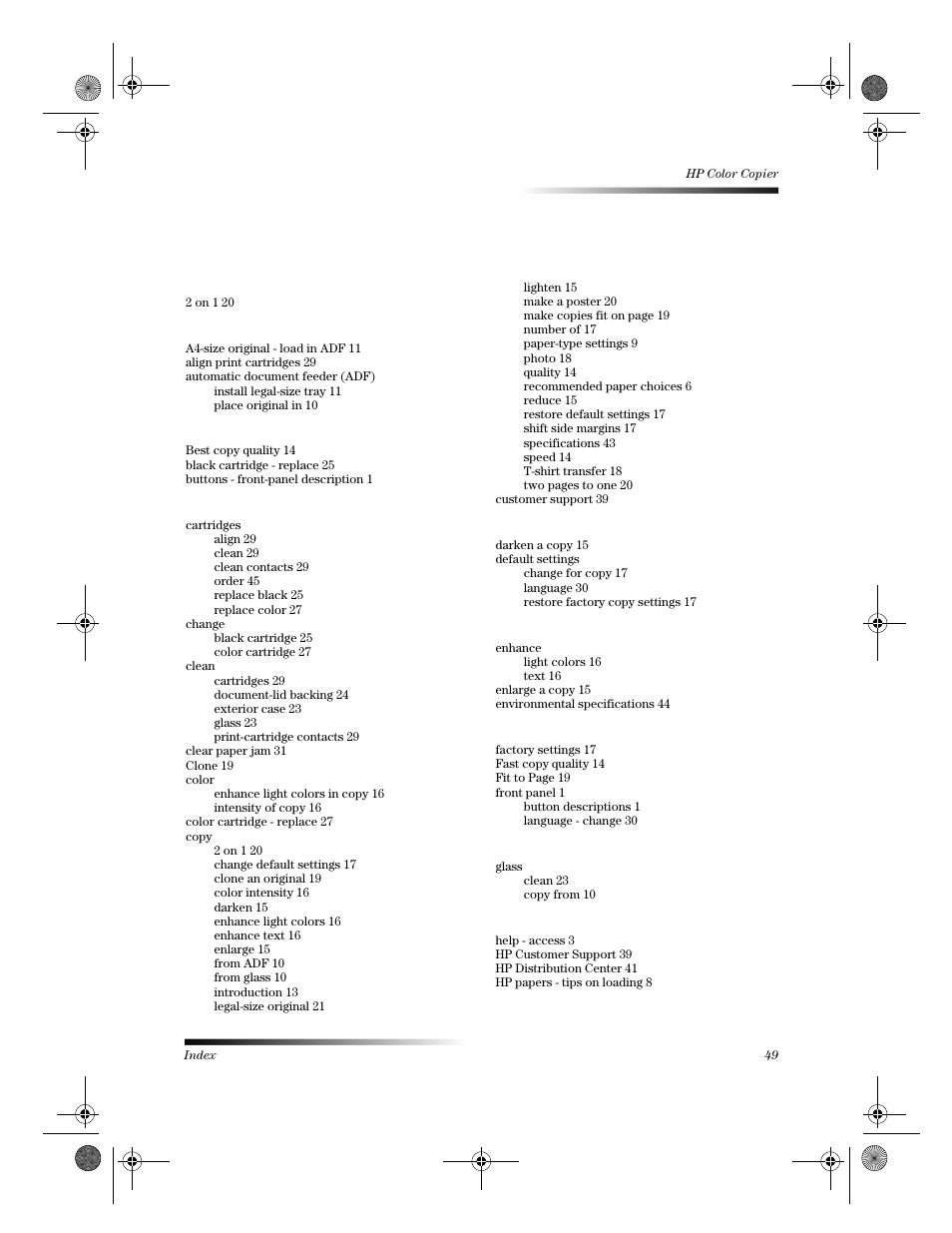 Index | HP 120 Color Copier User Manual | Page 51 / 54