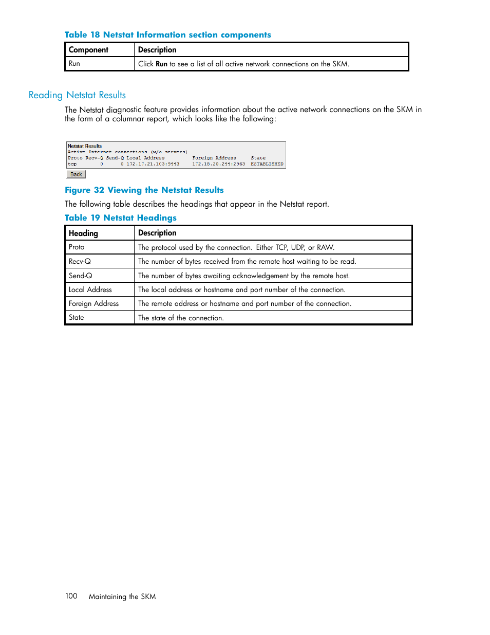 A skm appliance information sheet, Reading netstat results, 32 viewing the netstat results | 18 netstat information section components, 100 19 netstat headings | HP Secure Key Manager User Manual | Page 100 / 327