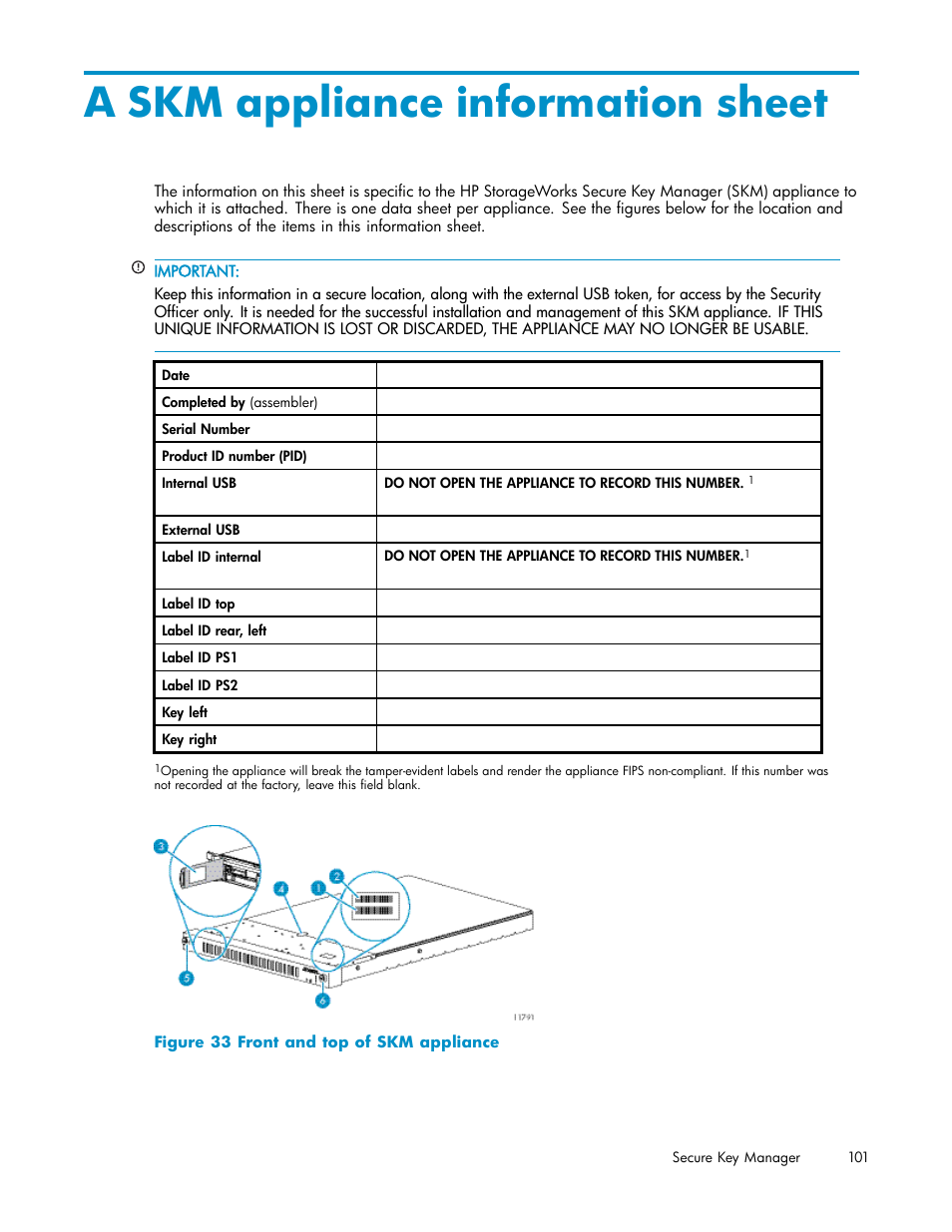 A skm appliance information sheet, 33 front and top of skm appliance | HP Secure Key Manager User Manual | Page 101 / 327