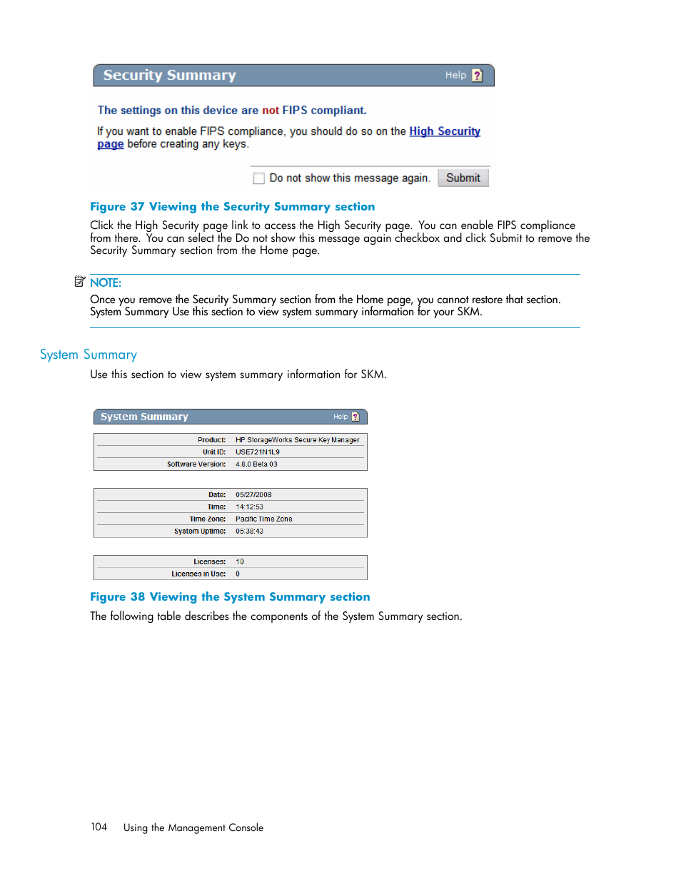 Search screen, System summary, 37 viewing the security summary section | 38 viewing the system summary section | HP Secure Key Manager User Manual | Page 104 / 327