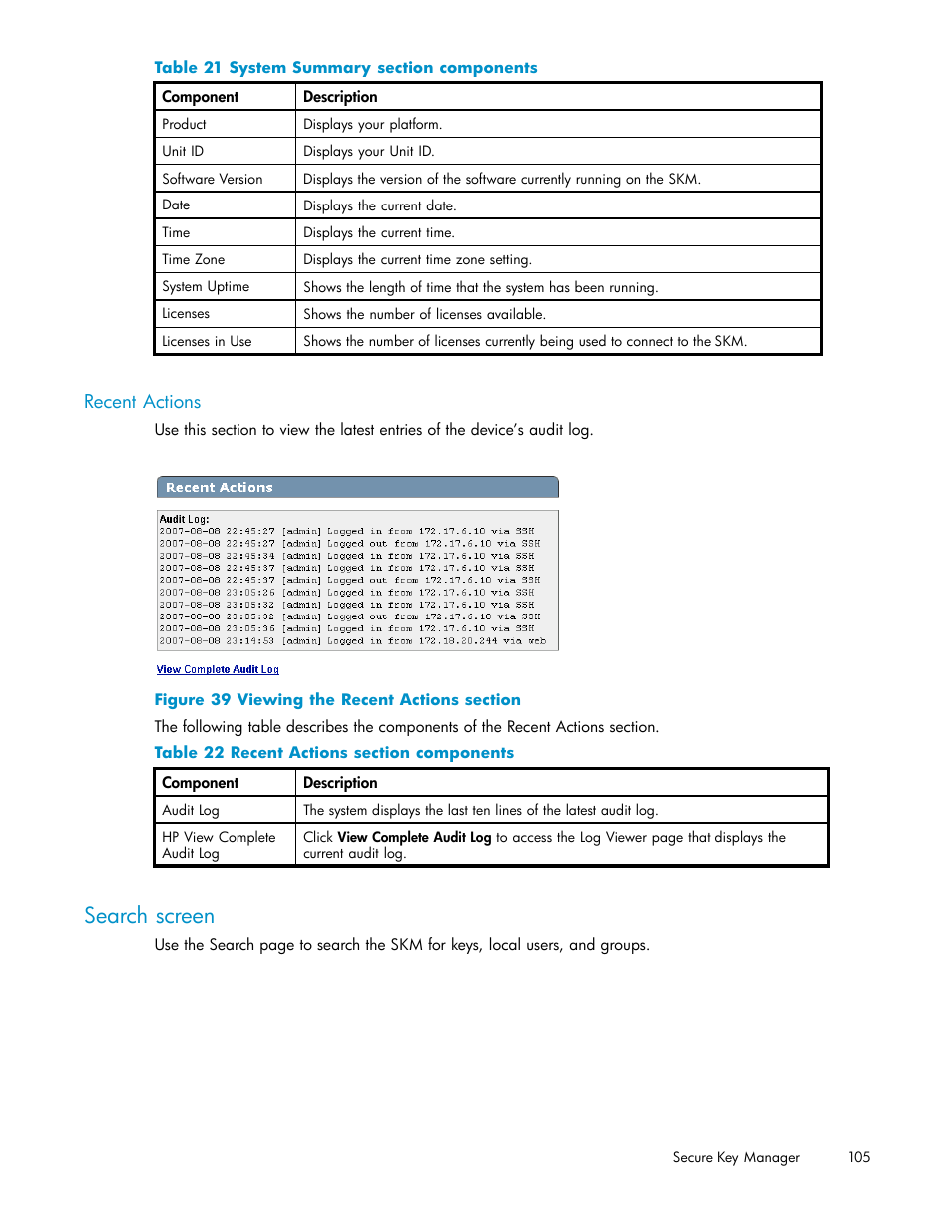 Recent actions, Search screen, 39 viewing the recent actions section | 21 system summary section components, 22 recent actions section components | HP Secure Key Manager User Manual | Page 105 / 327