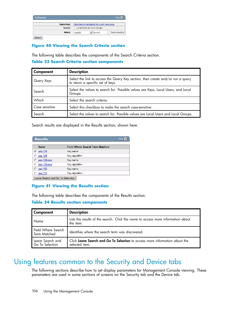 Filtering sections, Accessing the help system, 40 viewing the search criteria section | 41 viewing the results section, 23 search criteria section components, 106 24 results section components | HP Secure Key Manager User Manual | Page 106 / 327