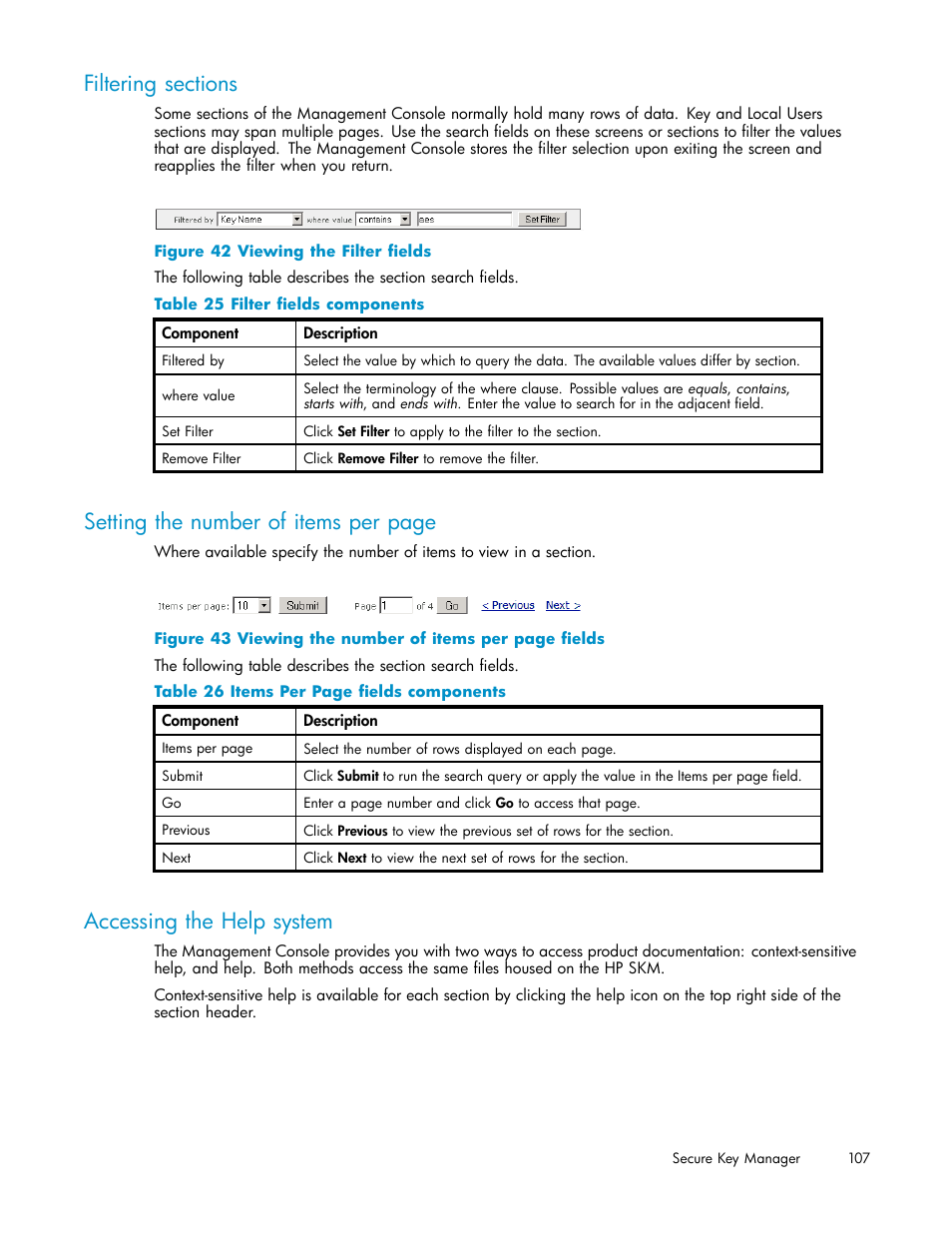 Filtering sections, Accessing the help system, 42 viewing the filter fields | 25 filter fields components, Setting the number of items per page | HP Secure Key Manager User Manual | Page 107 / 327