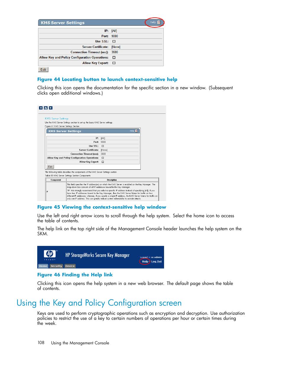 Using the key and policy configuration screen, Keys, 45 viewing the context-sensitive help window | 108 46 finding the help link | HP Secure Key Manager User Manual | Page 108 / 327