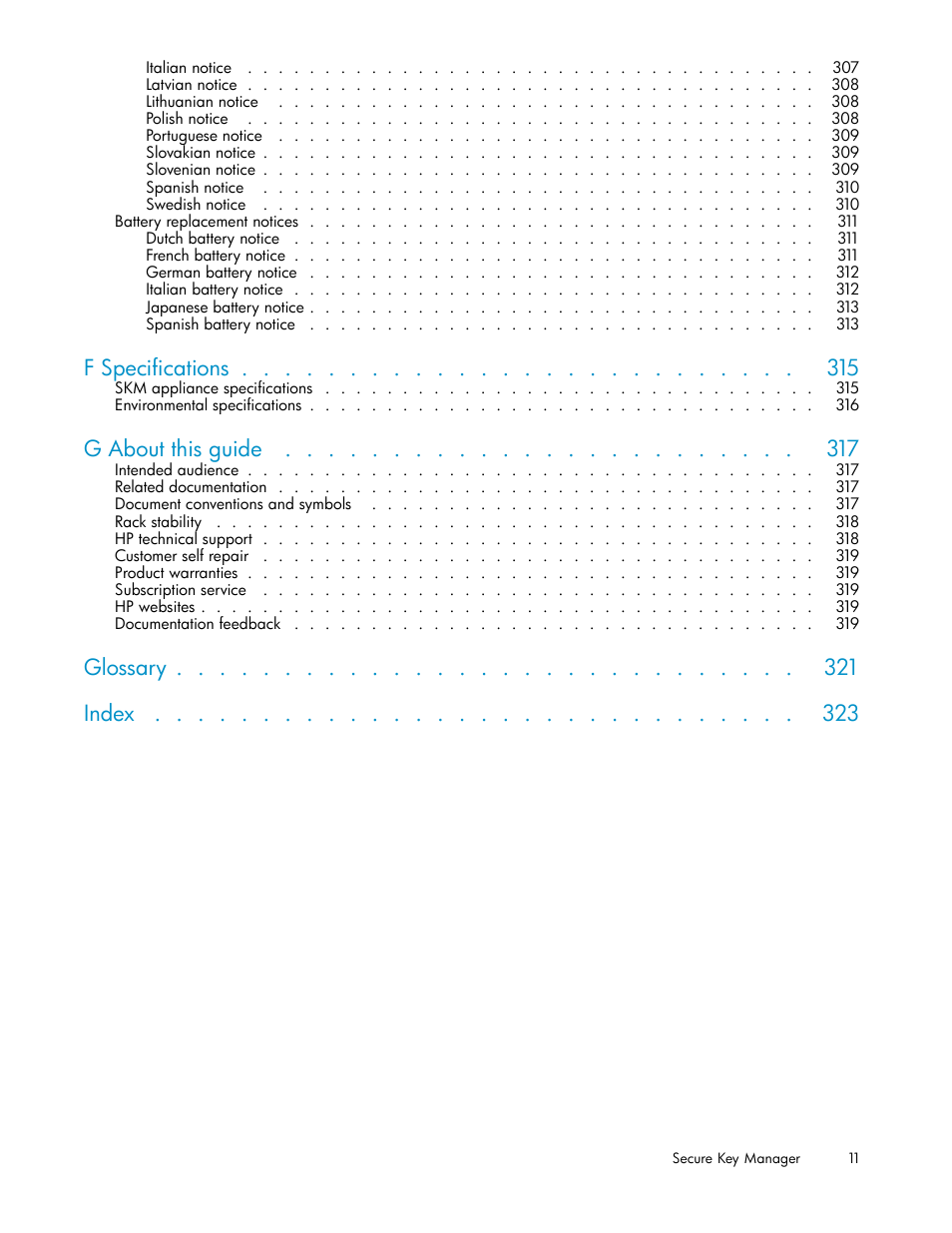 F specifications, G about this guide, Glossary index | HP Secure Key Manager User Manual | Page 11 / 327