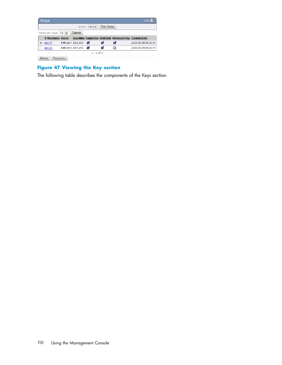 Key properties, 47 viewing the key section | HP Secure Key Manager User Manual | Page 110 / 327
