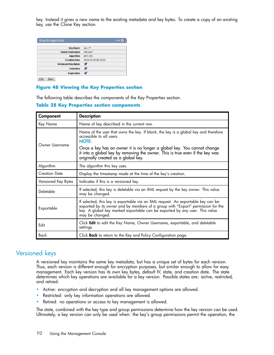 Versioned keys, Group permissions, 48 viewing the key properties section | 28 key properties section components | HP Secure Key Manager User Manual | Page 112 / 327