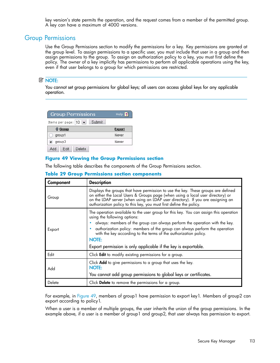 Group permissions, 49 viewing the group permissions section, 29 group permissions section components | HP Secure Key Manager User Manual | Page 113 / 327