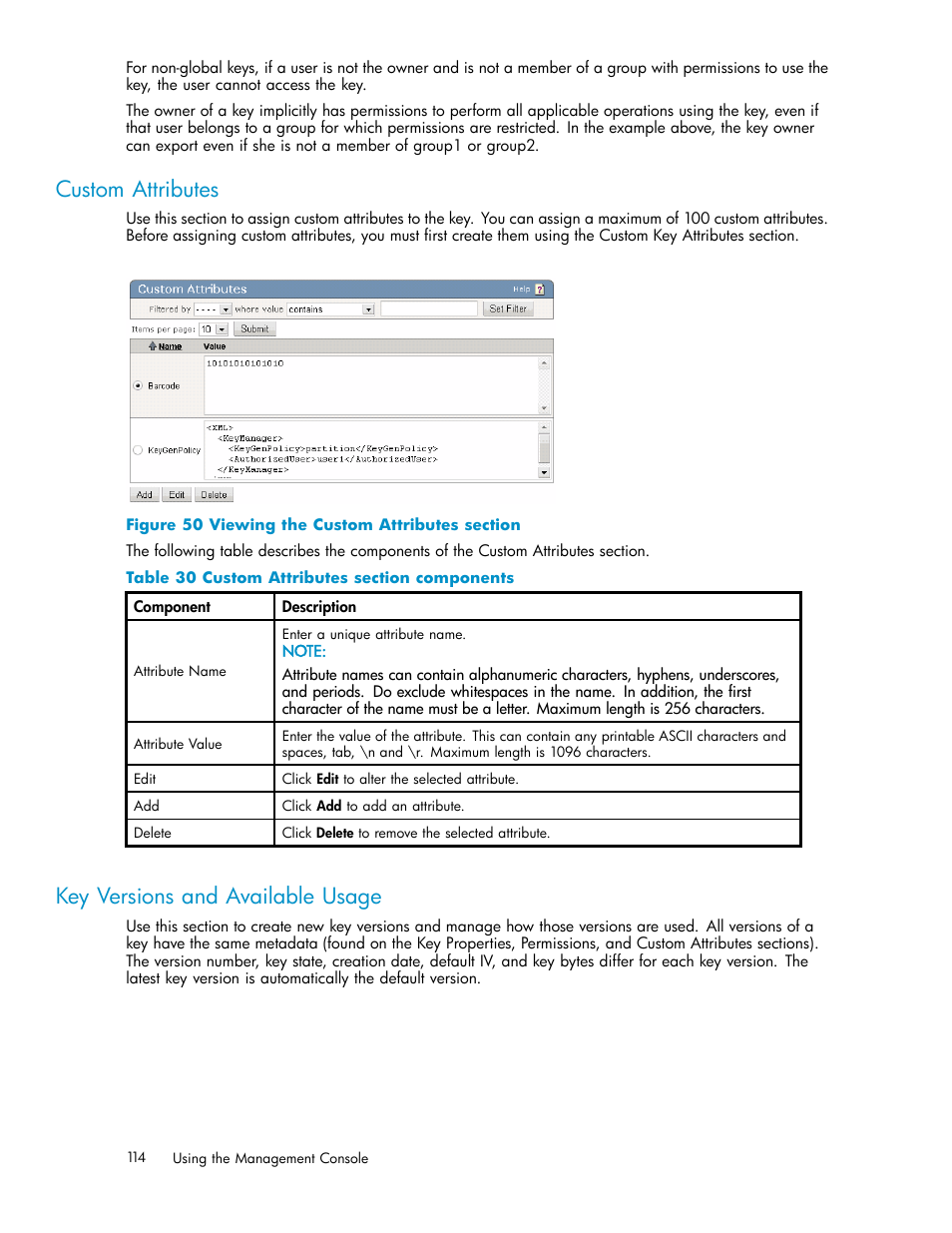 Custom attributes, Key versions and available usage, Rsa public key | 50 viewing the custom attributes section, 30 custom attributes section components | HP Secure Key Manager User Manual | Page 114 / 327