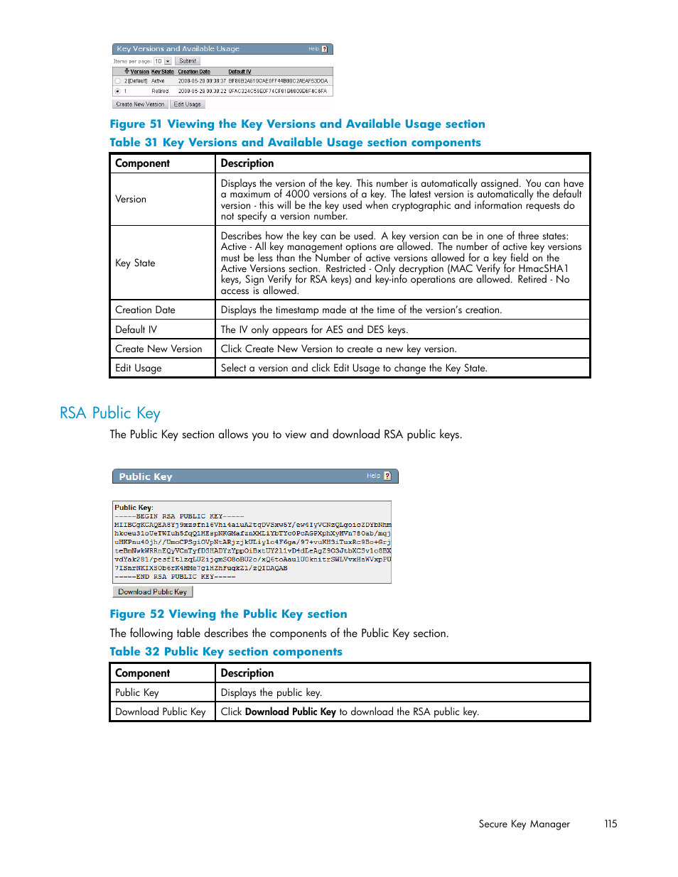 Rsa public key, 52 viewing the public key section, 32 public key section components | HP Secure Key Manager User Manual | Page 115 / 327