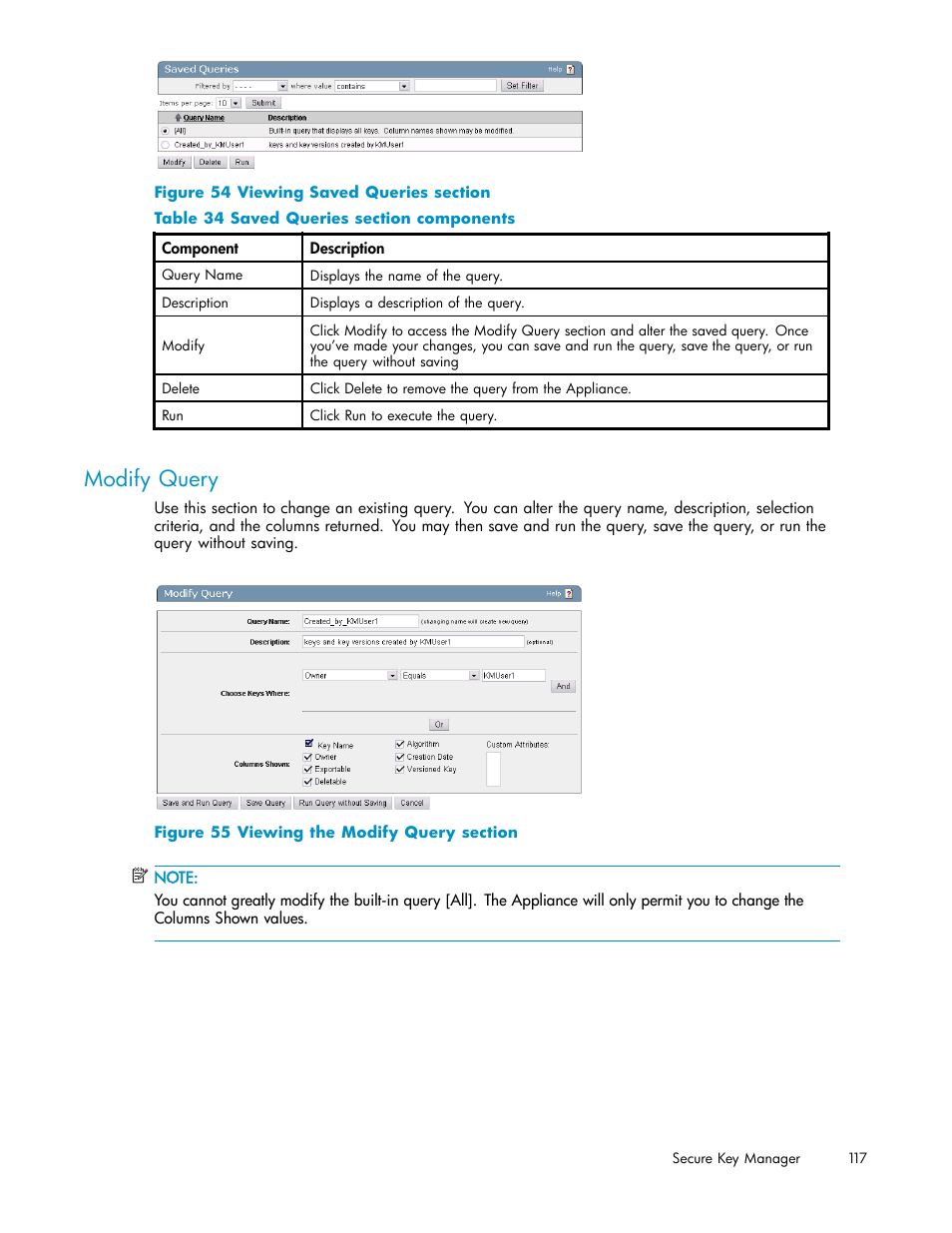 Modify query, 54 viewing saved queries section, 55 viewing the modify query section | 34 saved queries section components | HP Secure Key Manager User Manual | Page 117 / 327