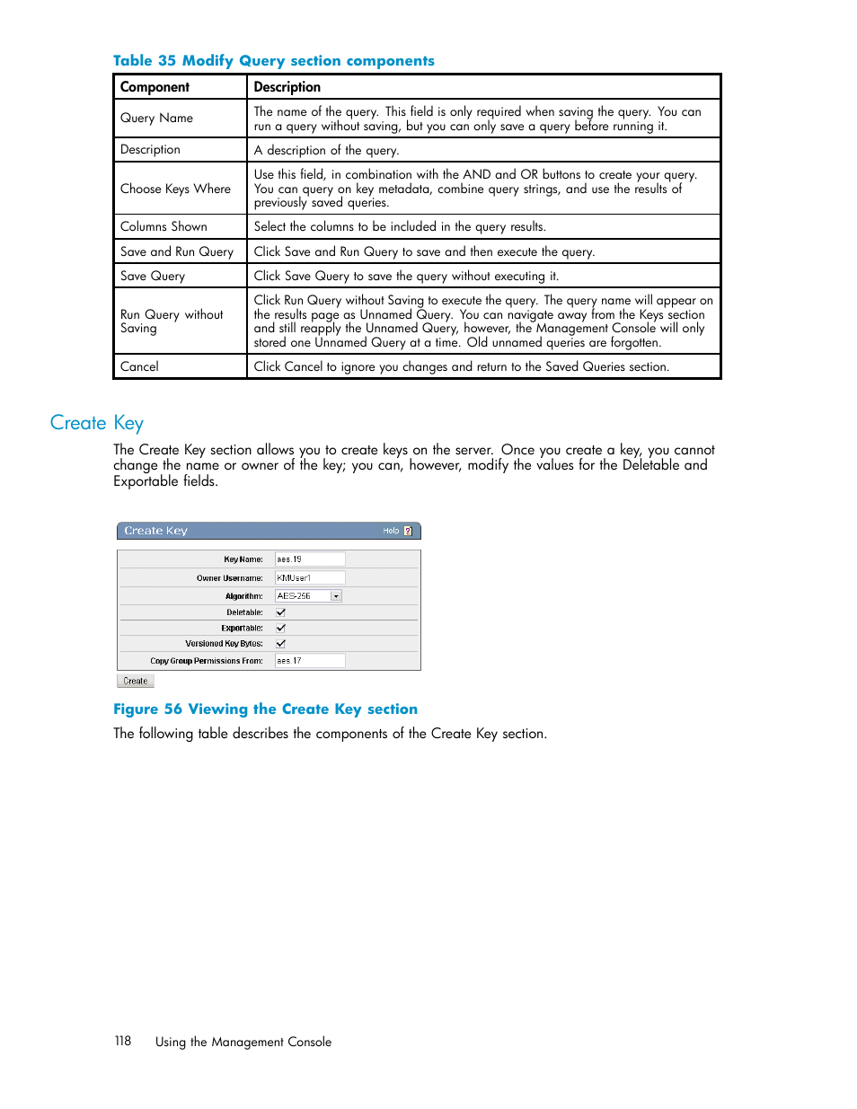 Create key, Clone key, 56 viewing the create key section | 35 modify query section components, Create keys | HP Secure Key Manager User Manual | Page 118 / 327