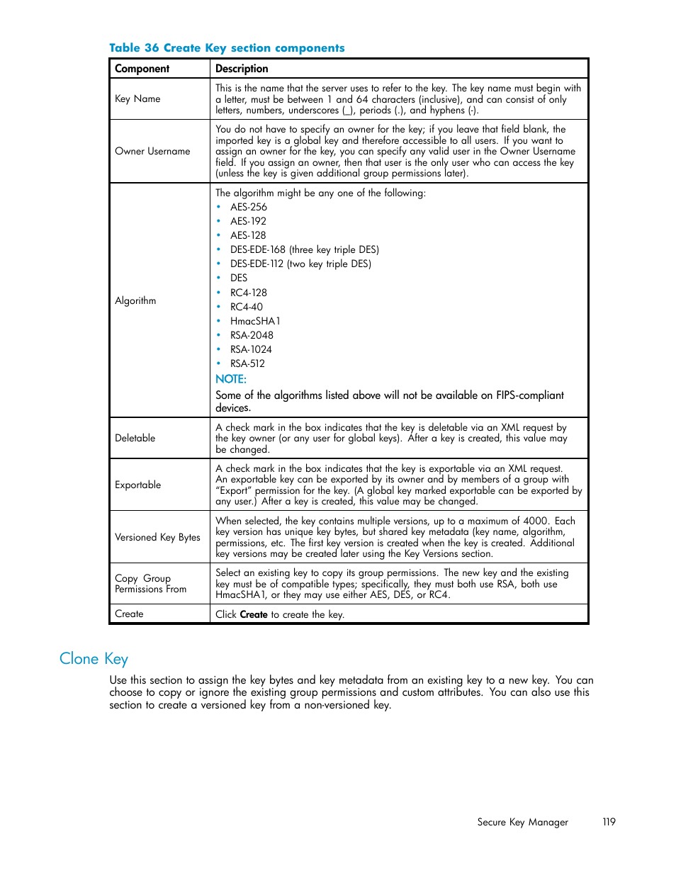 Clone key, 36 create key section components | HP Secure Key Manager User Manual | Page 119 / 327