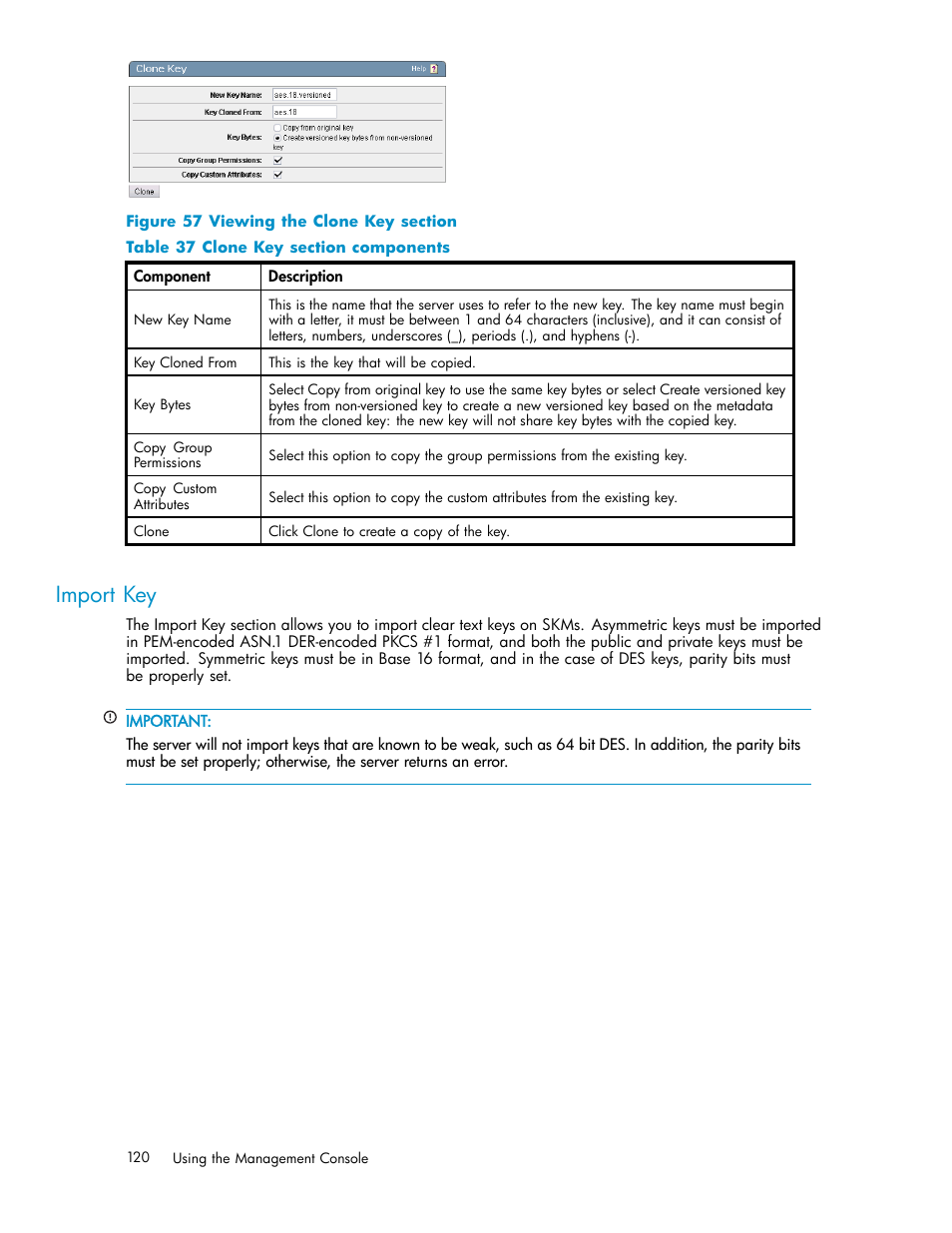 Import key, 57 viewing the clone key section, 37 clone key section components | Import keys | HP Secure Key Manager User Manual | Page 120 / 327