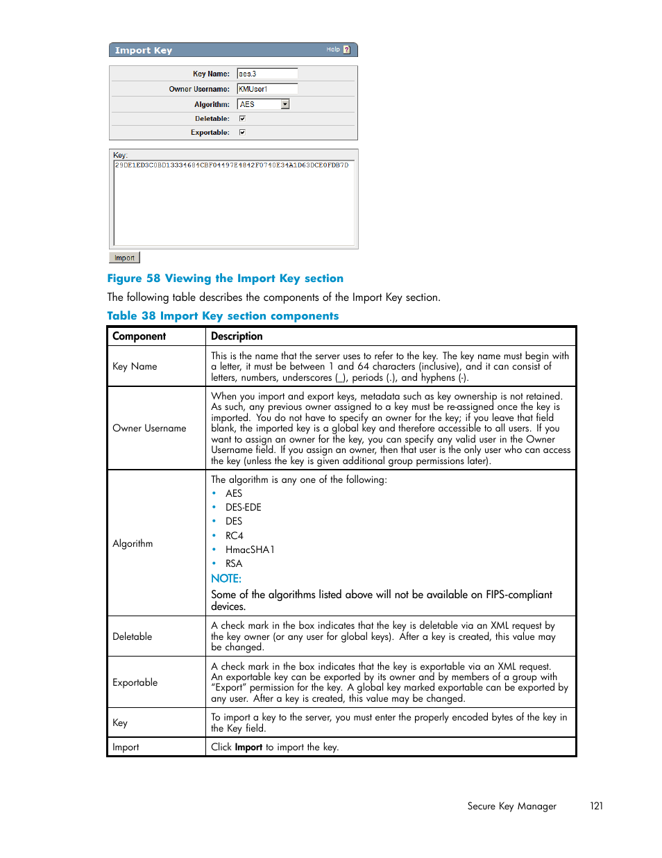 58 viewing the import key section, 38 import key section components | HP Secure Key Manager User Manual | Page 121 / 327