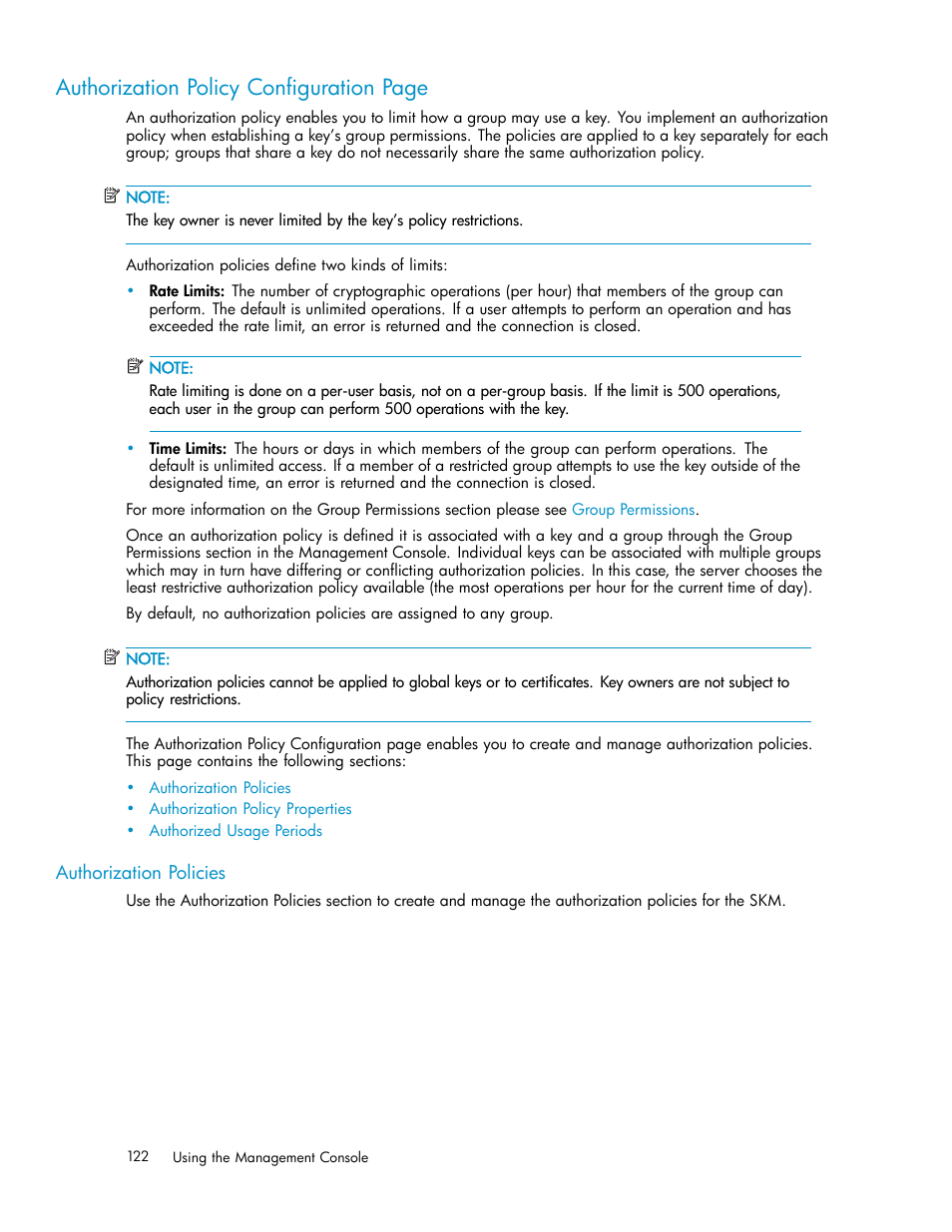 Authorization policies, Authorization policy configuration page | HP Secure Key Manager User Manual | Page 122 / 327