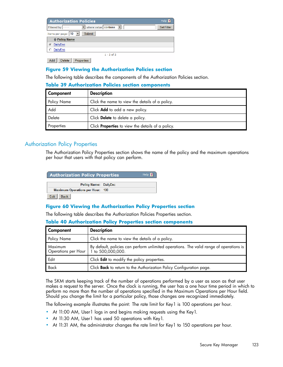 Authorization policy properties, 59 viewing the authorization policies section, 39 authorization policies section components | HP Secure Key Manager User Manual | Page 123 / 327