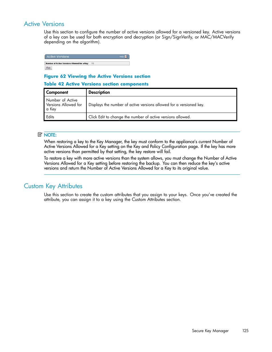 Active versions, Custom key attributes, 62 viewing the active versions section | 42 active versions section components | HP Secure Key Manager User Manual | Page 125 / 327