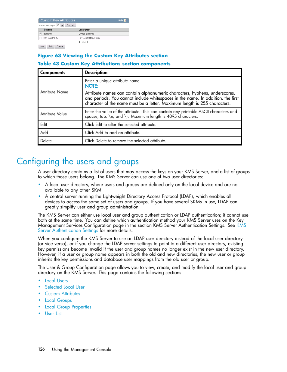 Configuring the users and groups, Local users, 63 viewing the custom key attributes section | 43 custom key attributions section components | HP Secure Key Manager User Manual | Page 126 / 327