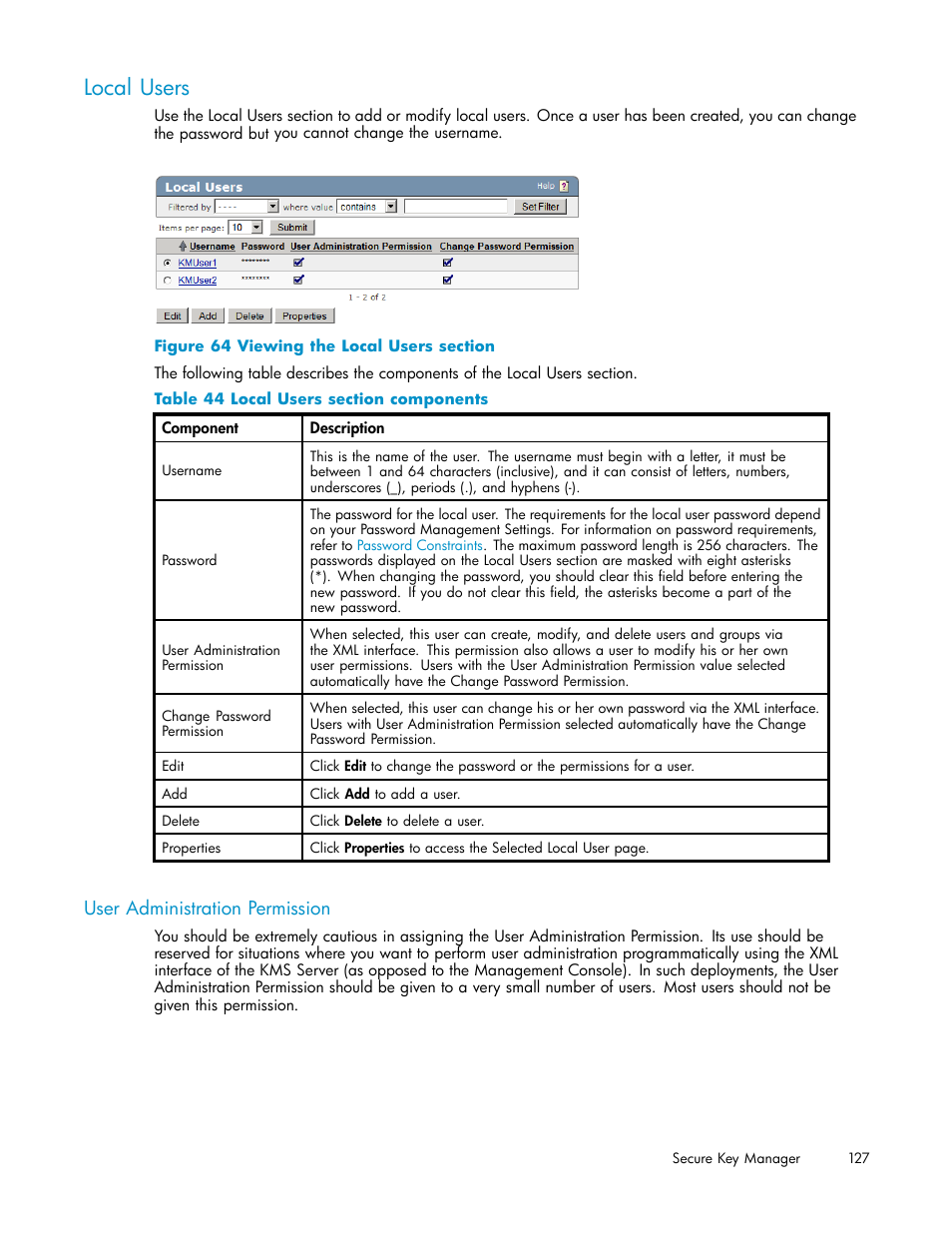 Local users, User administration permission, 64 viewing the local users section | 44 local users section components | HP Secure Key Manager User Manual | Page 127 / 327