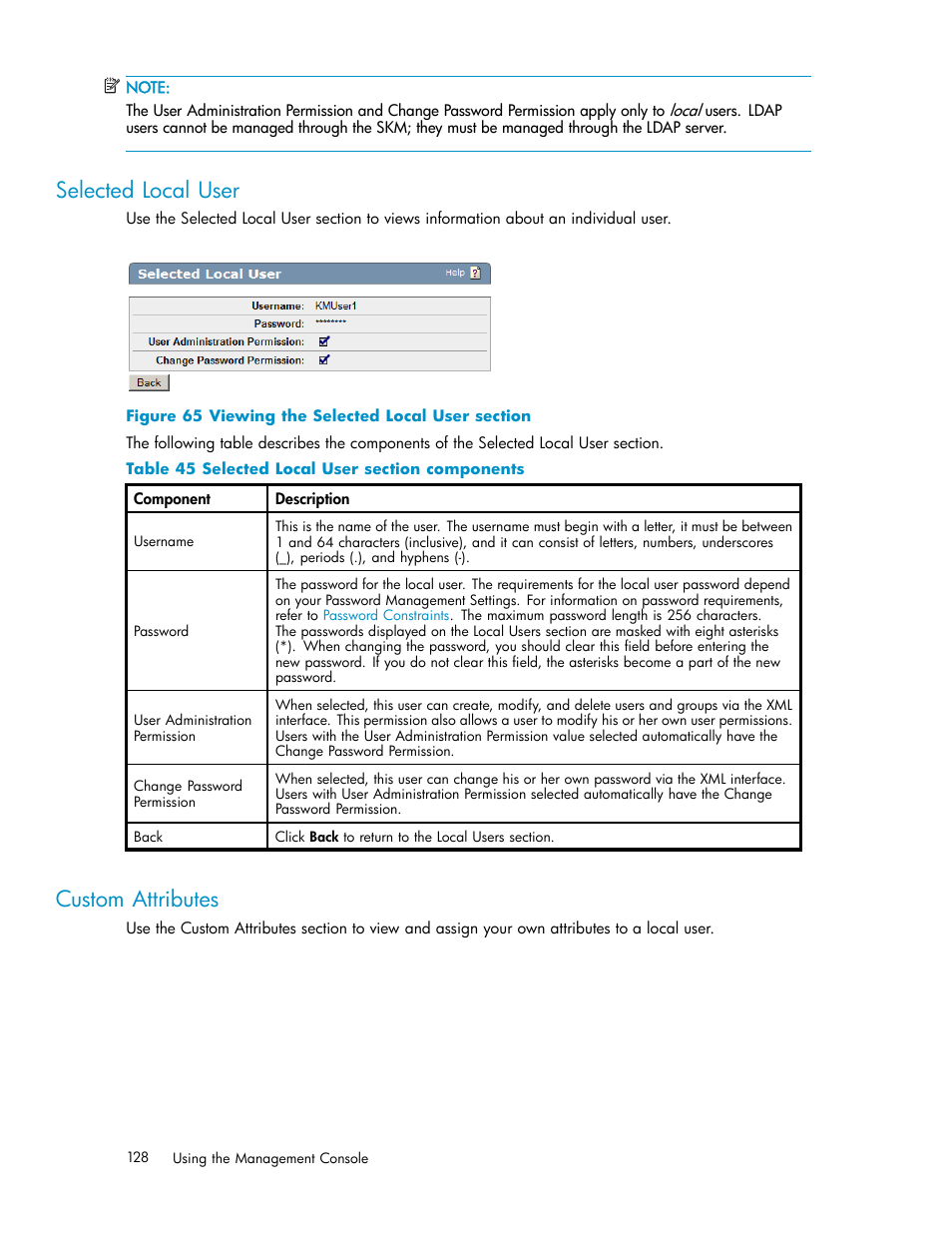 Selected local user, Custom attributes, Local groups | 65 viewing the selected local user section, 45 selected local user section components | HP Secure Key Manager User Manual | Page 128 / 327