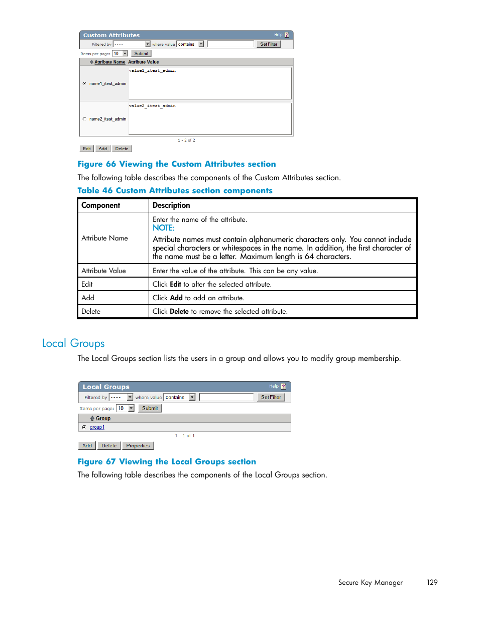 Local groups, 66 viewing the custom attributes section, 67 viewing the local groups section | 46 custom attributes section components | HP Secure Key Manager User Manual | Page 129 / 327