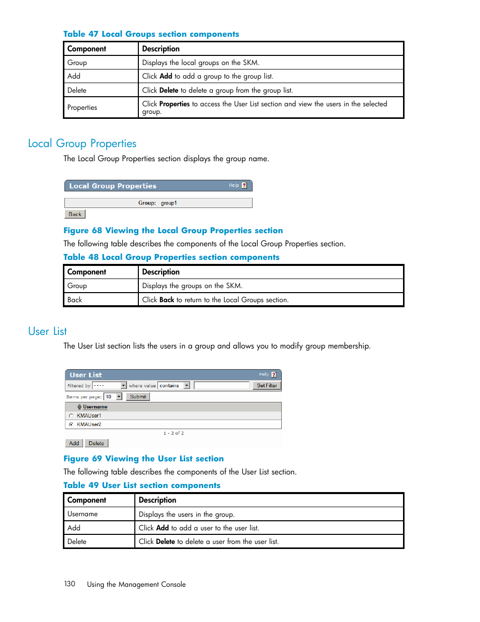 Local group properties, Ldap server configuration, User list | 68 viewing the local group properties section, 69 viewing the user list section, 47 local groups section components, 48 local group properties section components, 49 user list section components | HP Secure Key Manager User Manual | Page 130 / 327