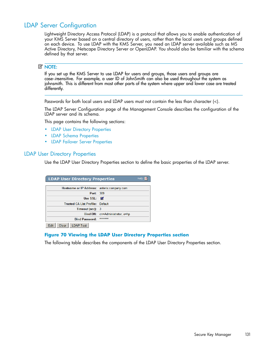 Ldap server configuration, Ldap user directory properties | HP Secure Key Manager User Manual | Page 131 / 327