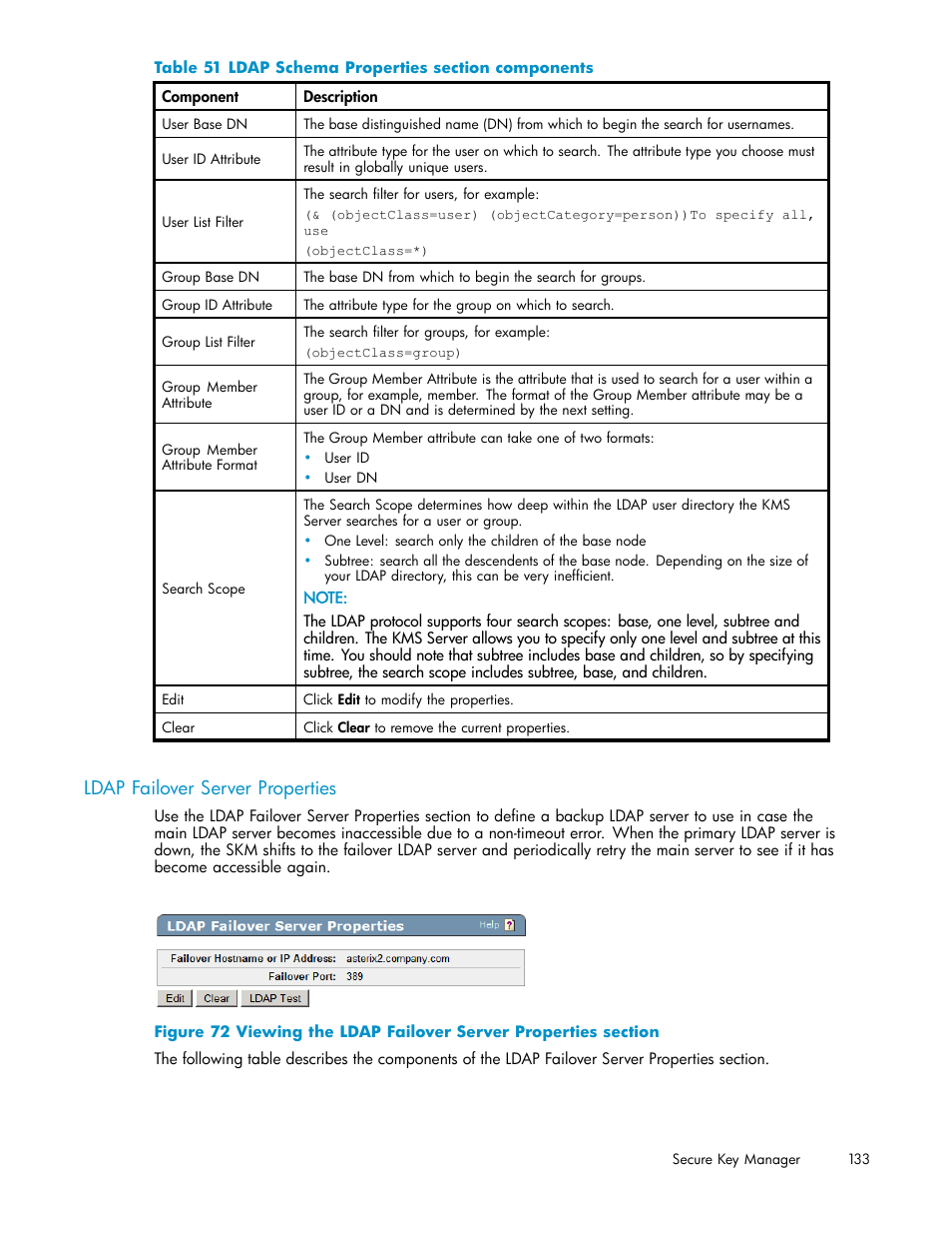 Ldap failover server properties, 51 ldap schema properties section components | HP Secure Key Manager User Manual | Page 133 / 327