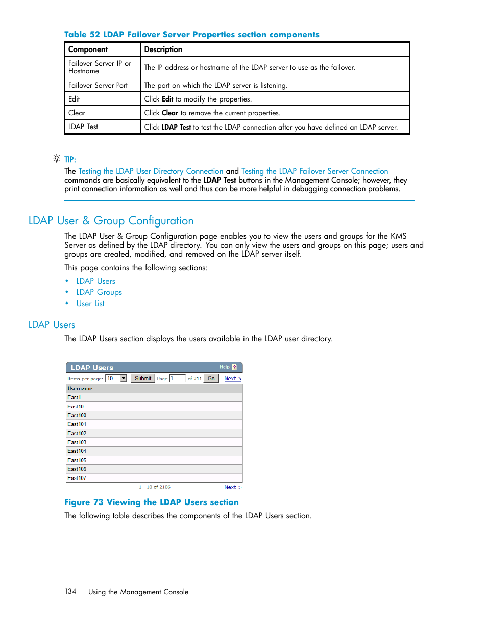 Ldap user & group configuration, Ldap users, 73 viewing the ldap users section | HP Secure Key Manager User Manual | Page 134 / 327