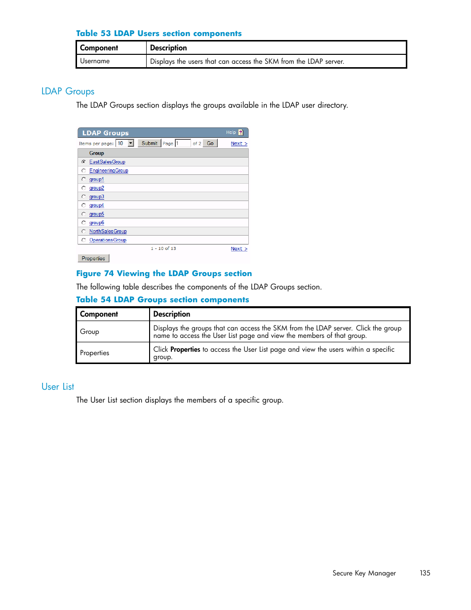 Ldap groups, User list, 74 viewing the ldap groups section | 53 ldap users section components, 54 ldap groups section components | HP Secure Key Manager User Manual | Page 135 / 327