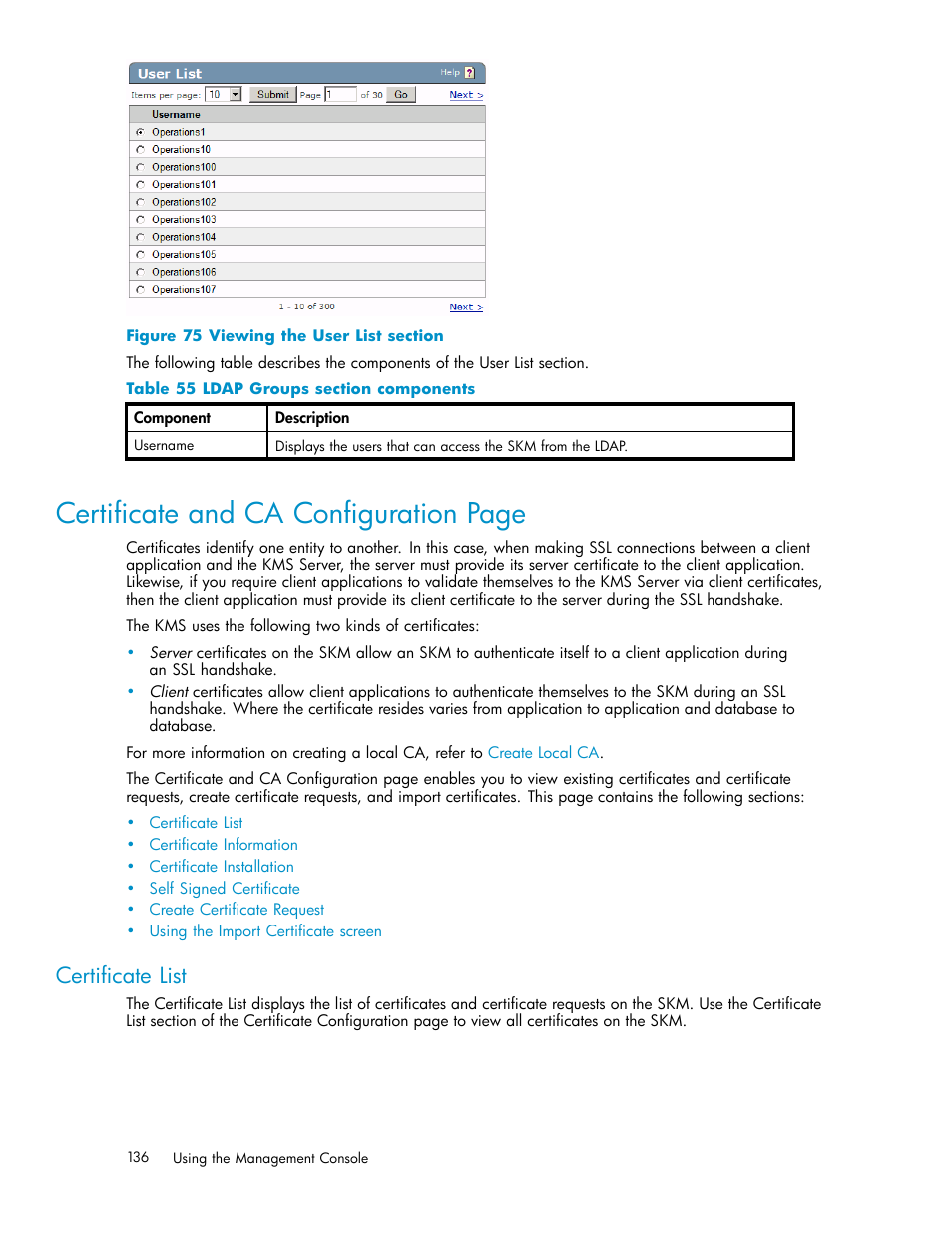 Certificate list, Certificate information, 75 viewing the user list section | 55 ldap groups section components, Certificate and ca configuration page | HP Secure Key Manager User Manual | Page 136 / 327